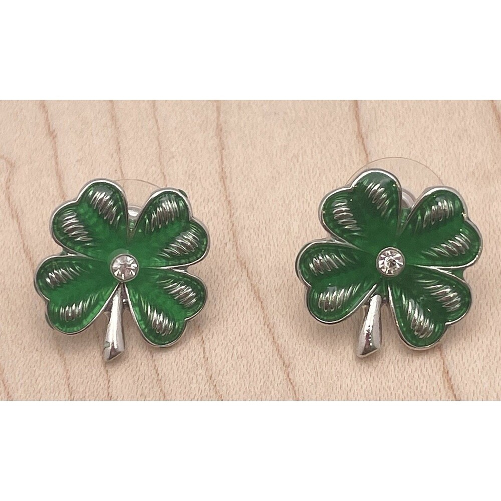 Green St. Patrick’s Day Four Leaf Clover Silver Tone Rhinestone Stud Earrings